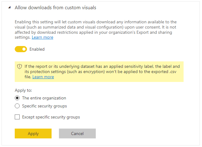 Allow downloads from custom visuals — Admin Portal settings panel